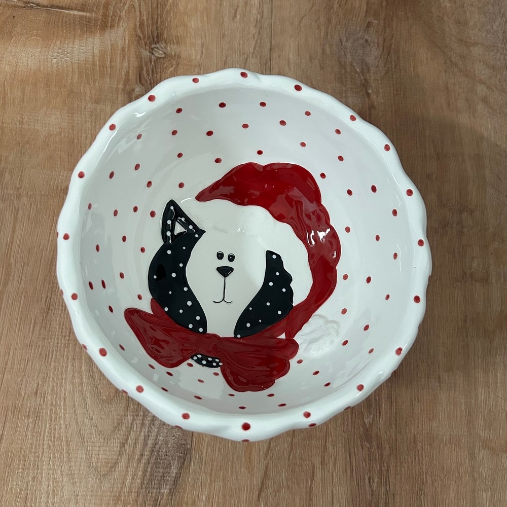 Boyds Home Christmas Ceramic Bowl Red White Santa Cat Candy Dish Seasonal